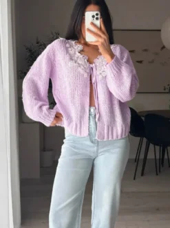 Gilet en maille à bordure florale et dentelle pour femme manches longues col roulé ajouré haut court