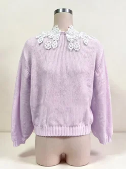 Gilet en maille à bordure florale et dentelle pour femme manches longues col roulé ajouré haut court