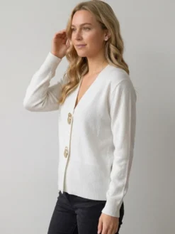 Gilet en maille à col V boutons métalliques irréguliers manches longues veste courte en maille