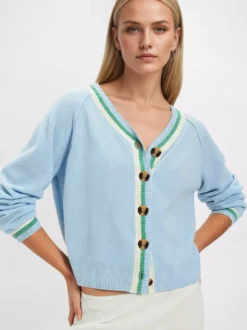 Gilet en maille à col V finitions contrastées manches raglan et boutons