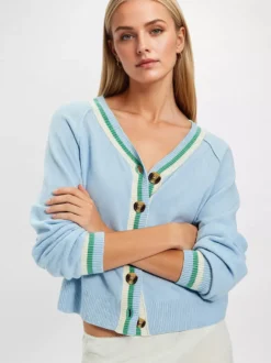 Gilet en maille à col V finitions contrastées manches raglan et boutons