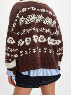 Gilet en maille courte à imprimé floral Fair Isle et col boutonné