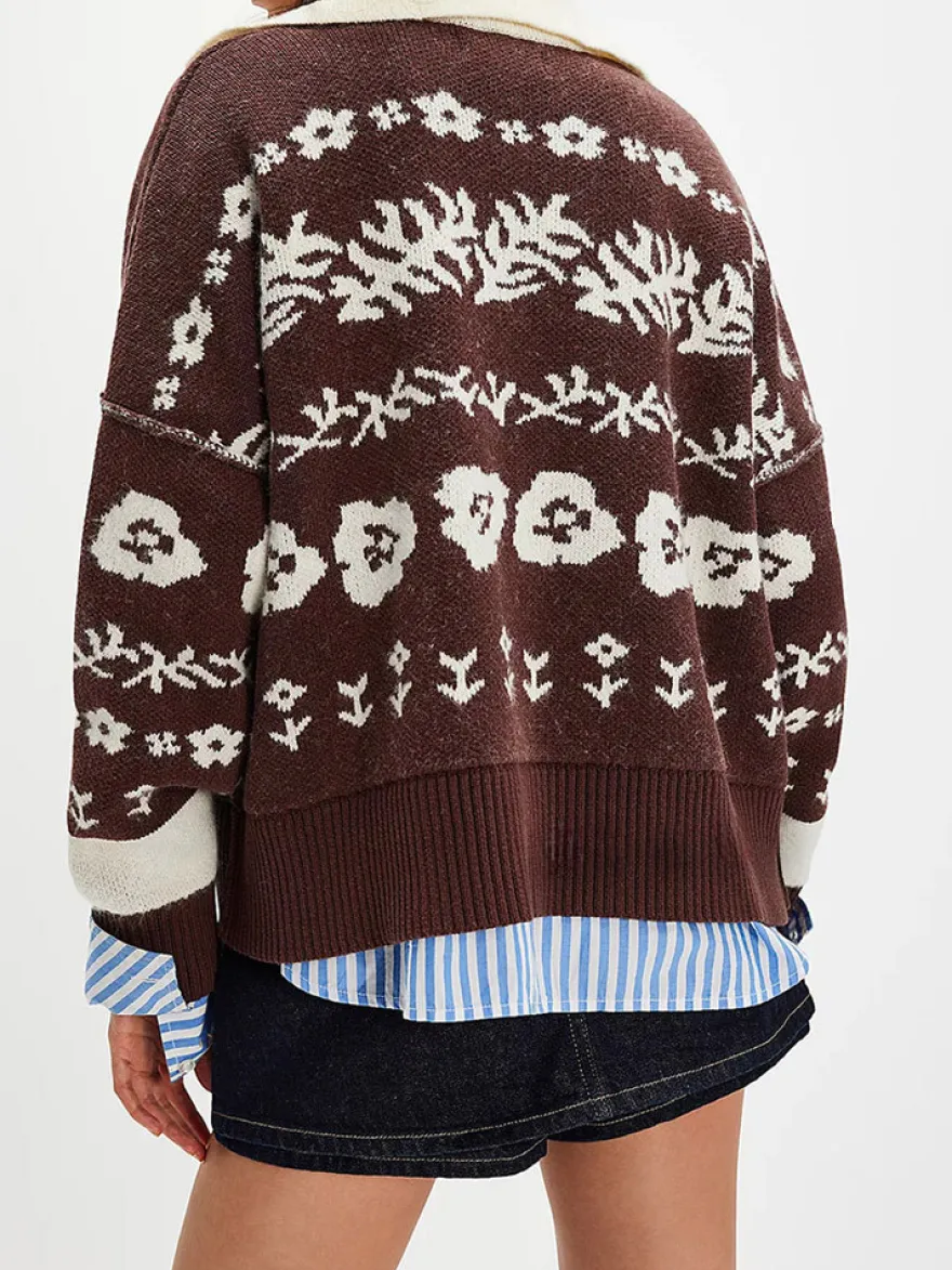 Gilet en maille courte à imprimé floral Fair Isle et col boutonné