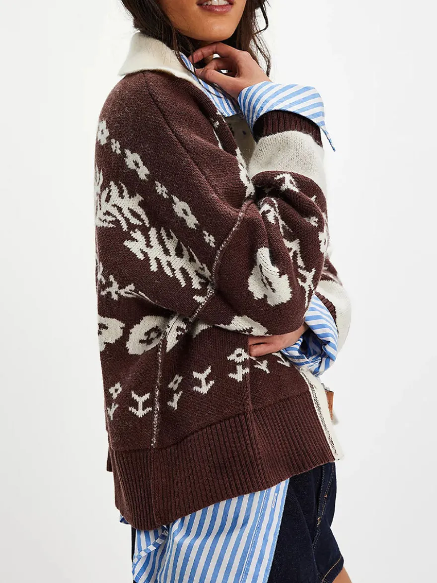 Gilet en maille courte à imprimé floral Fair Isle et col boutonné