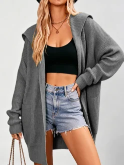Gilet en maille à gros revers et boutons pour femme manches longues oversize longueur mi-longue ouvert