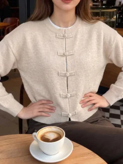 Gilet en maille pour femme col rond manches longues coupe ample et décontractée pull doux en maille
