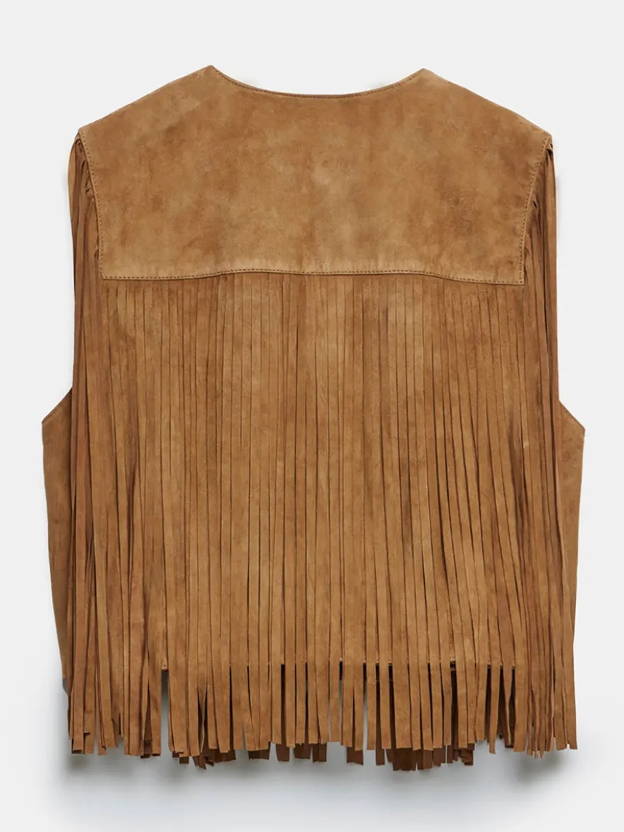 Gilet à franges Western Cowgirl col ras du cou veste bohème printemps daim pour femme 2026