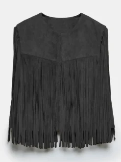 Gilet à franges Western Cowgirl col ras du cou veste bohème printemps daim pour femme 2026