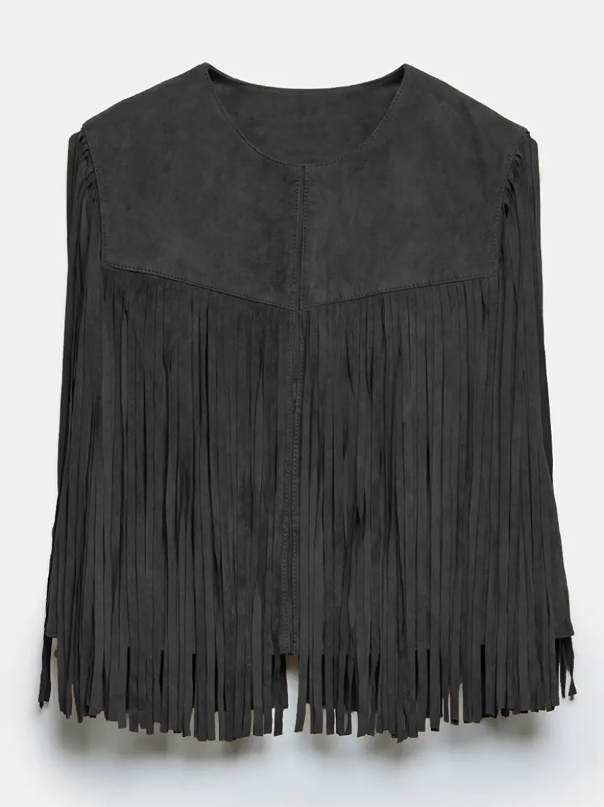 Gilet à franges Western Cowgirl col ras du cou veste bohème printemps daim pour femme 2026