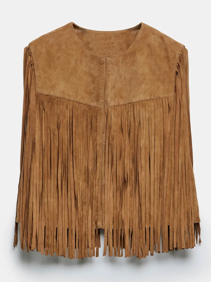 Gilet à franges Western Cowgirl col ras du cou veste bohème printemps daim pour femme 2026