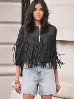 Gilet à franges Western Cowgirl col ras du cou veste bohème printemps daim pour femme 2026