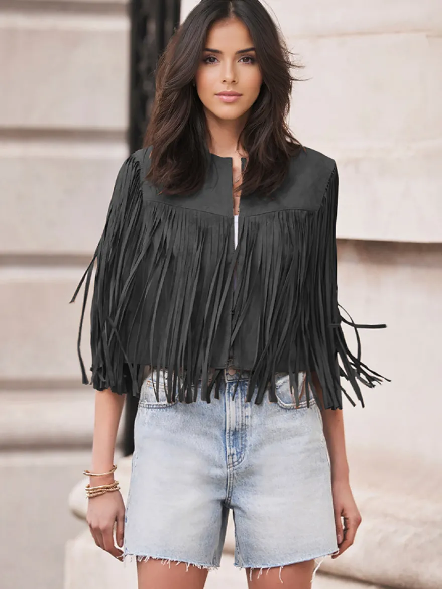 Gilet à franges Western Cowgirl col ras du cou veste bohème printemps daim pour femme 2026