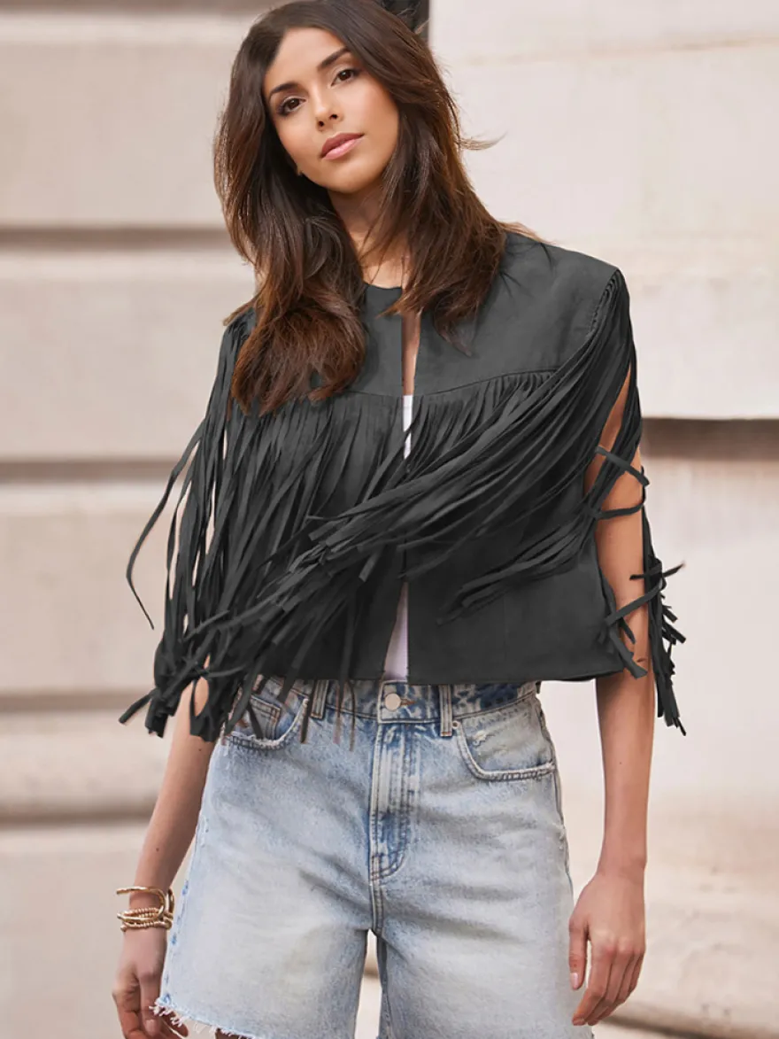 Gilet à franges Western Cowgirl col ras du cou veste bohème printemps daim pour femme 2026
