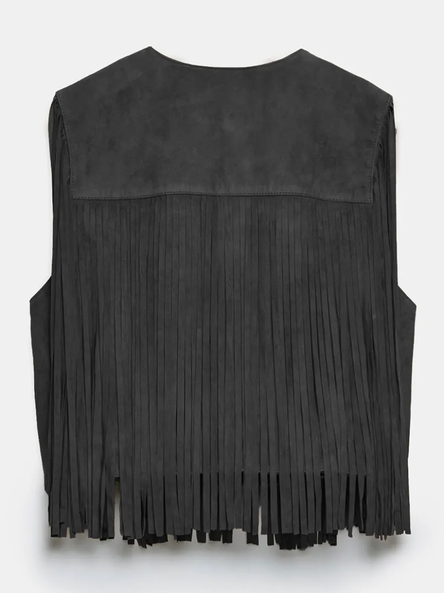 Gilet à franges Western Cowgirl col ras du cou veste bohème printemps daim pour femme 2026