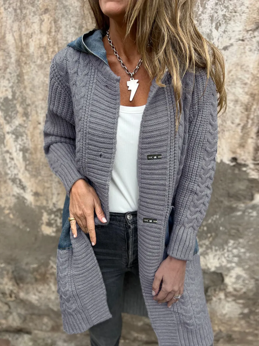 Gilet long en maille patchwork en denim poches et boutons pull-manteau pour femme 2026