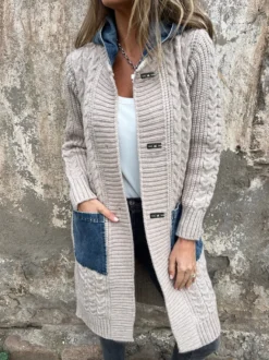 Gilet long en maille patchwork en denim poches et boutons pull-manteau pour femme 2026