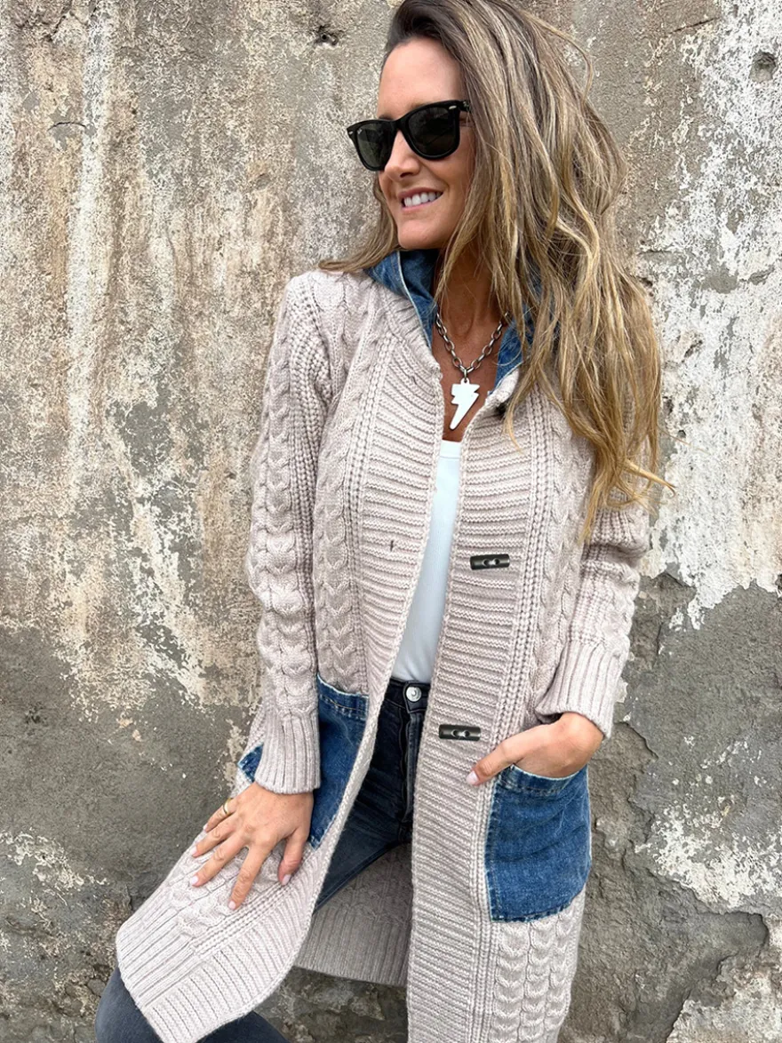Gilet long en maille patchwork en denim poches et boutons pull-manteau pour femme 2026