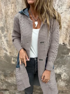 Gilet long en maille patchwork en denim poches et boutons pull-manteau pour femme 2026