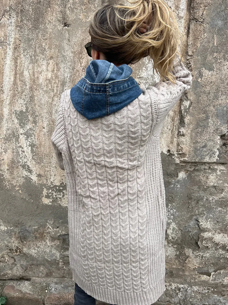 Gilet long en maille patchwork en denim poches et boutons pull-manteau pour femme 2026
