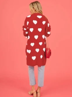 Gilet long imprimé cœur pour femme ouvert sur le devant manches longues oversize poche.