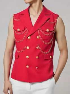 Gilet Pour Hommes Veste Hip Hop Noir À Chaîne Double Boutonnage Poche Élégant