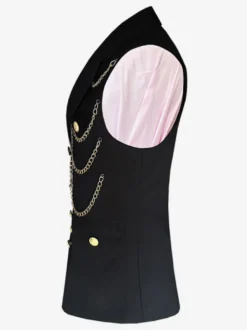 Gilet Pour Hommes Veste Hip Hop Noir À Chaîne Double Boutonnage Poche Élégant