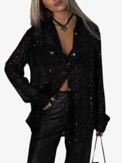 Gilets tendance pour les soirées col rabattu sequins manches longues en polyester
