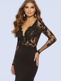 Gothique Noir Robes De Mariée Sirène Col En V Manches Longues En Dentelle Dos Nu Avec Train Robe De Mariée Personnalisation Gratuite