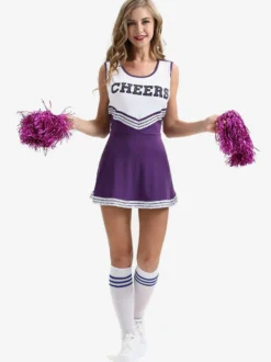 Halloween Déguisement Cheerleader Pom-pom Girl Adulte Pour Femmes Noir Sexy Polyester Robe Courte Vacances Costumes Ensemble Complet