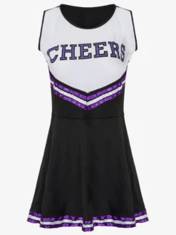 Halloween Déguisement Cheerleader Pom-pom Girl Adulte Pour Femmes Noir Sexy Polyester Robe Courte Vacances Costumes Ensemble Complet