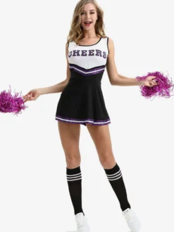 Halloween Déguisement Cheerleader Pom-pom Girl Adulte Pour Femmes Noir Sexy Polyester Robe Courte Vacances Costumes Ensemble Complet