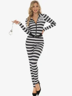 Halloween Ensemble de costumes d'uniformes rayés en combinaison noire 3 pièces pour prisonnier