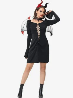 Halloween Ensemble De Costumes De Vampire Déguisement Démon Sexy Noir Robe Accessoires