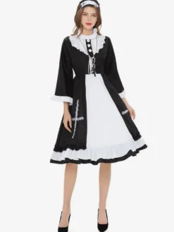 Halloween Ensemble De Costumes De Soubrette Déguisement Robe À Volants Noire Collier
