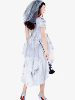 Halloween Fantôme Mariée Costumes Pour Femmes Blanc Sexy Voile Robe Polyester Dentelle Vacances Costumes Ensemble Complet