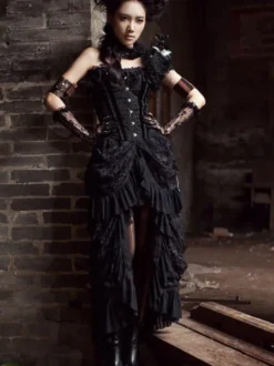 Halloween Jupe Gothique 2026 Noir Plissés Dentelle Femmes Coton Jupe Rétro Déguisements Halloween