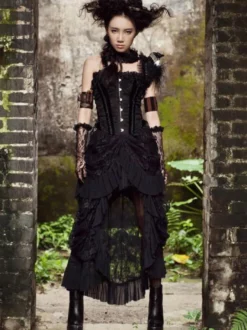 Halloween Jupe Gothique 2026 Noir Plissés Dentelle Femmes Coton Jupe Rétro Déguisements Halloween