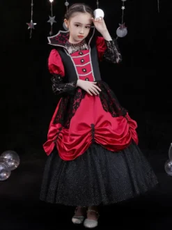 Halloween Polyester Fibre Tea Party 3/4 Longueur Manches Polyester Combinaison Robes Lolita rouges rouges gothiques