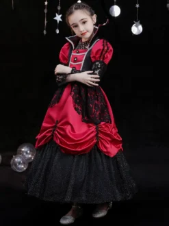 Halloween Polyester Fibre Tea Party 3/4 Longueur Manches Polyester Combinaison Robes Lolita rouges rouges gothiques