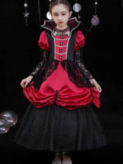 Halloween Polyester Fibre Tea Party 3/4 Longueur Manches Polyester Combinaison Robes Lolita rouges rouges gothiques