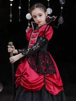Halloween Polyester Fibre Tea Party 3/4 Longueur Manches Polyester Combinaison Robes Lolita rouges rouges gothiques