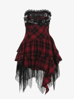 Halloween Robe gothique pour femme bordeaux avec œillets et volants en dentelle et tunique punk en polyester