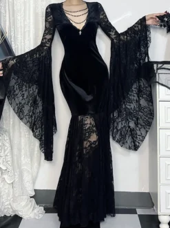 Halloween Robe gothique pour femme tunique longue en velours gothique avec dentelle et chaînes noires
