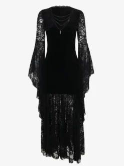 Halloween Robe gothique pour femme tunique longue en velours gothique avec dentelle et chaînes noires