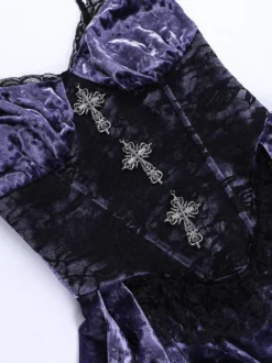 Halloween Robe gothique pour femme en dentelle violette tunique gothique en velours robe Hemlibe haute et basse