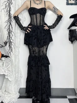 Halloween Robe gothique pour femme en dentelle noire et maille en polyester gothique