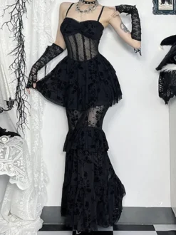 Halloween Robe gothique pour femme en dentelle noire et maille en polyester gothique