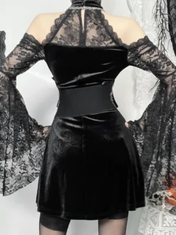 Halloween Vêtements gothiques pour femmes tunique gothique en polyester à volants en dentelle noire costumes rétro