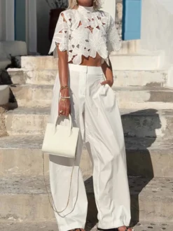 Haut court en dentelle ajourée à motif floral col montant manches courtes nouer dans le dos blouse courte transparente top de vacances pour femme