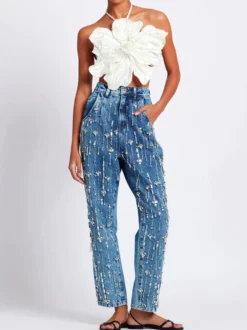 Haut court noir dos nu à fleurs et perles sans manches pour femme
